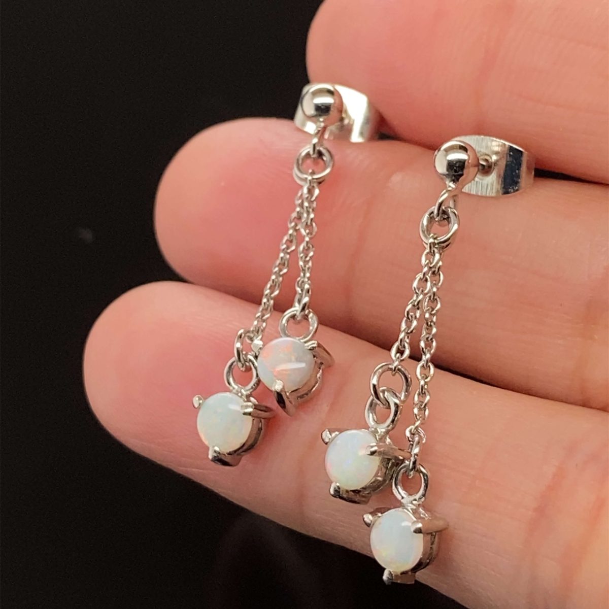 Dangling Rainbow - Sterling Silver  Solid White Opal Earring 020