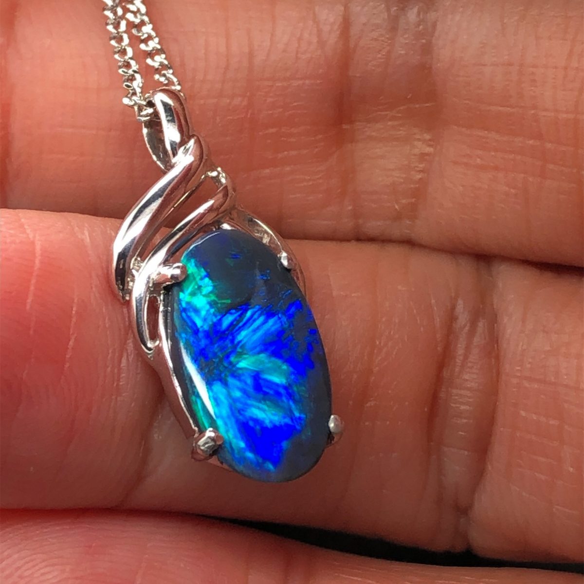 Neptune Blue - 18k Solid  White Gold Black Opal Pendant 232