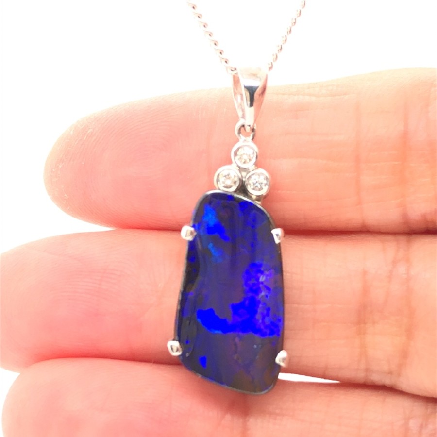Violet - 18k White Gold Solid Boulder Opal Pendant with Diamonds 131 - Image 4