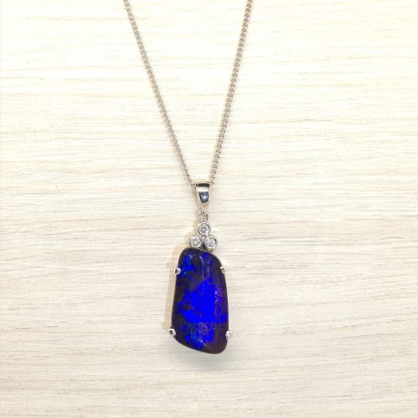 Violet - 18k White Gold Solid Boulder Opal Pendant with Diamonds 131
