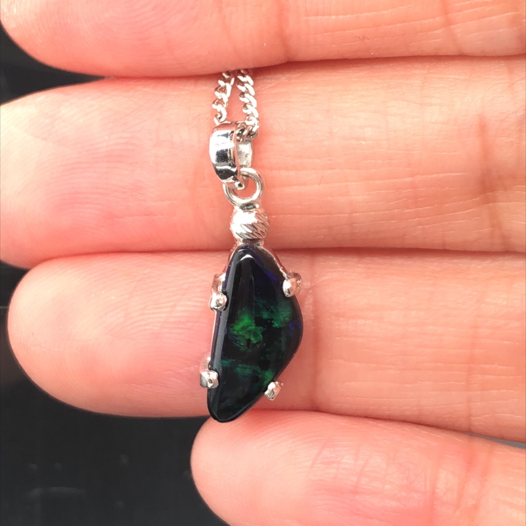 Cyan - 18k White Gold Solid Black Opal Pendant 682 - Image 6