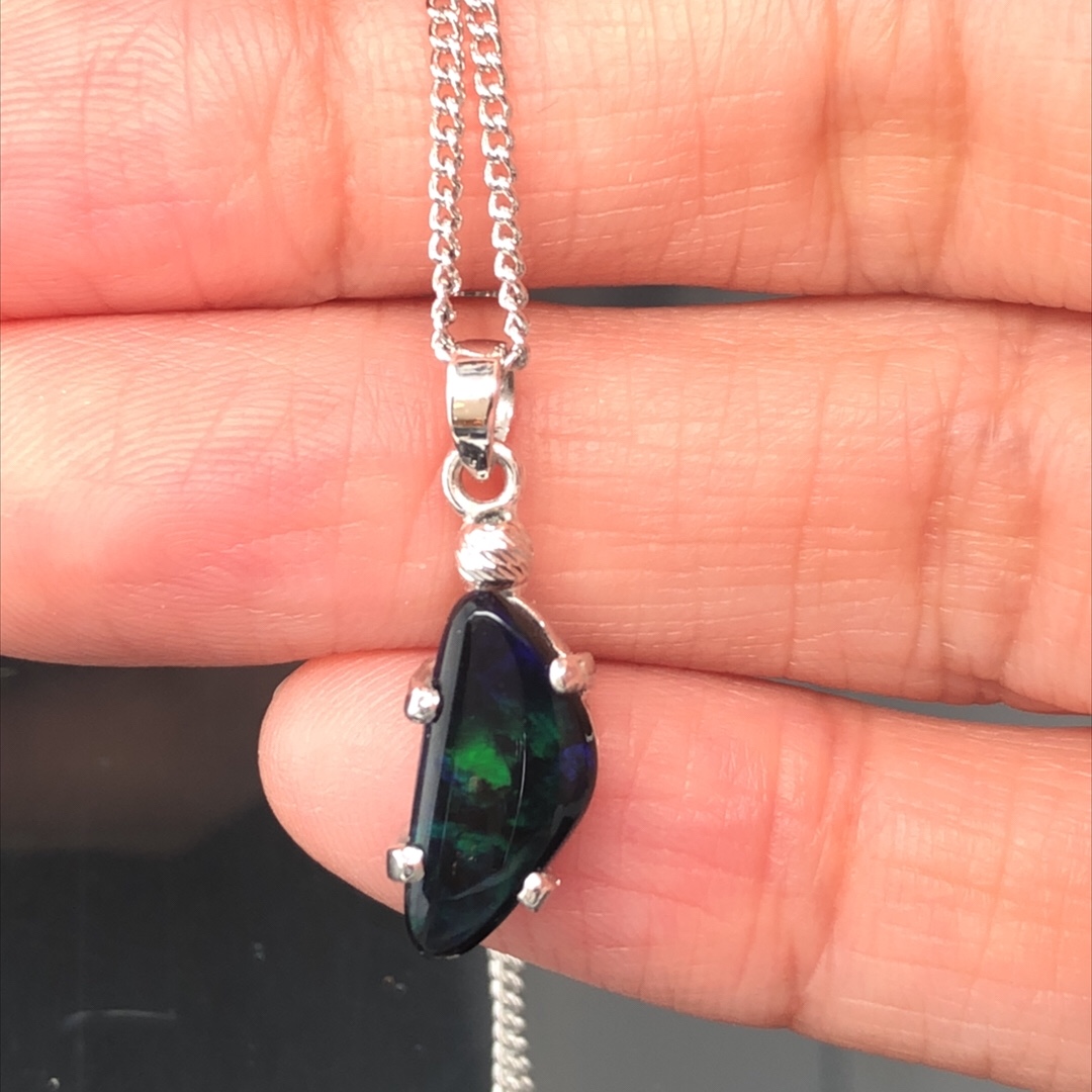 Cyan - 18k White Gold Solid Black Opal Pendant 682 - Image 9