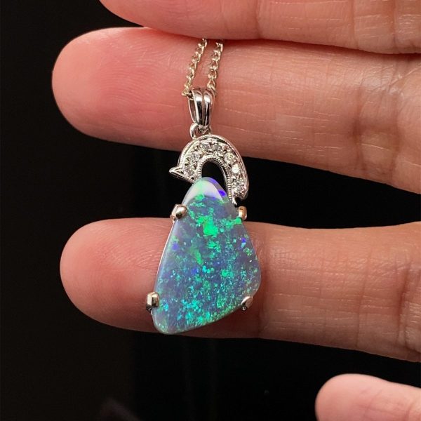 Oceana - 18k White Gold Solid Black Opal Pendant with Diamonds 716