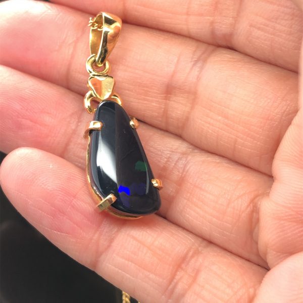 Midnight Calls - 18k Yellow Gold Solid Black Opal Pendant 529